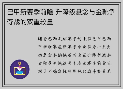 巴甲新赛季前瞻 升降级悬念与金靴争夺战的双重较量